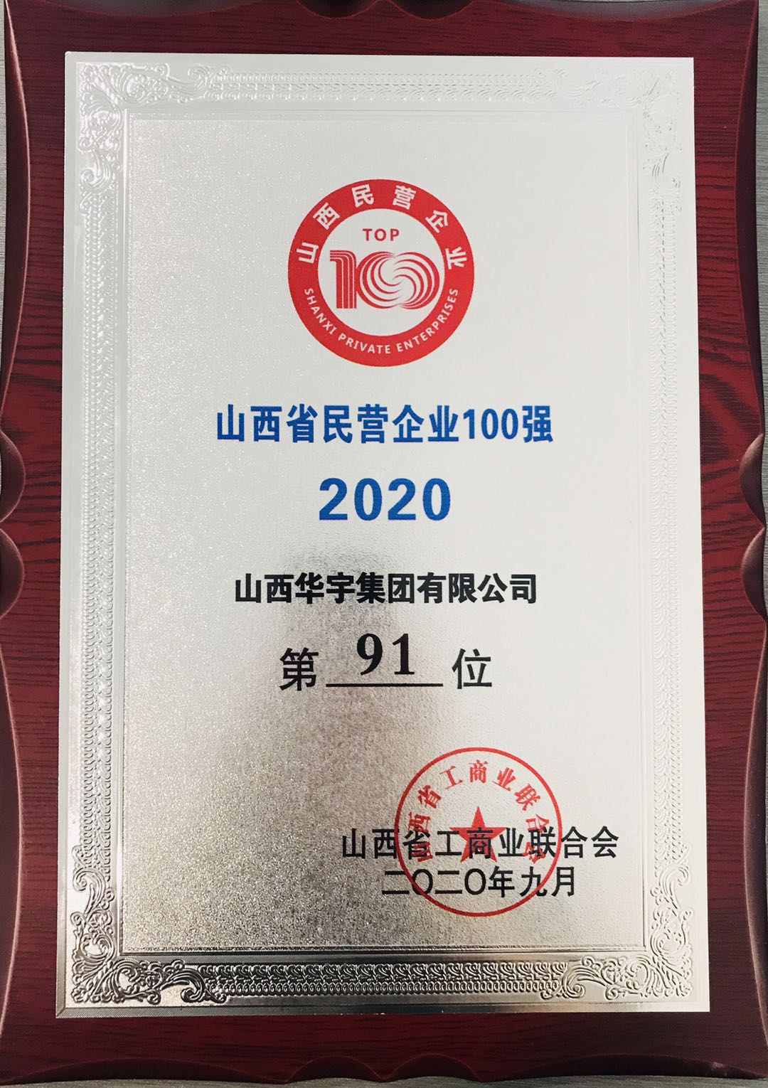 山西華宇集團再獲“山西省民營企業100強、服務業20強”稱號